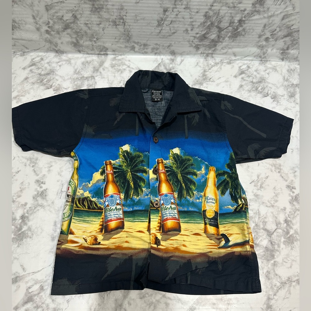 Hawaiian Shirt Boy’s  Size 3/4 Short Sleeve Beer Bottles Blue Aloha Favant